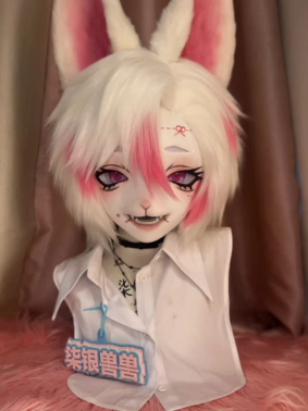 White Pink Fox Kig Head Fursuit